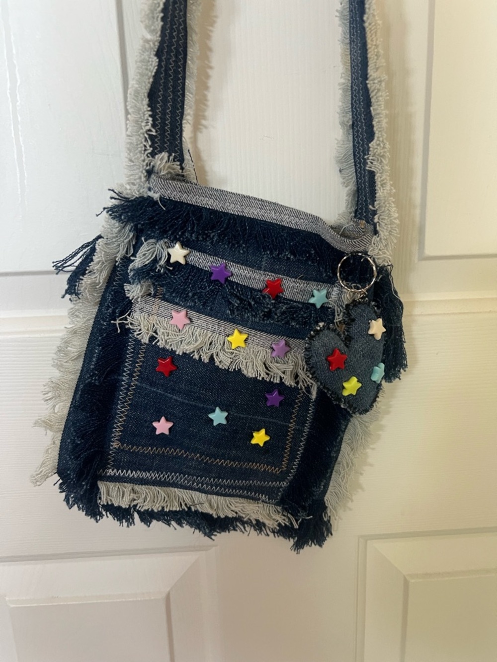 Denim Fringe Crossbody Bag with Multicolor Star Studs